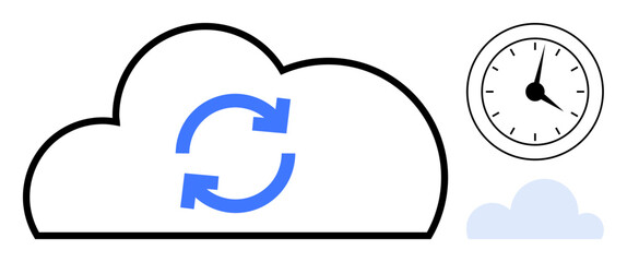 Cloud with blue circular refresh arrows, clock highlighting time, and small cloud. Ideal for data backup, cloud storage, synchronization, time management, technology, scheduling simple flat metaphor