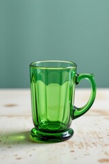 Green Faceted Glass Mug on Off White Table