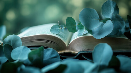 open book with eucalyptus stems on soft green background