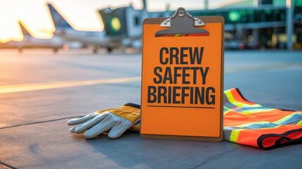 Crew safety briefing concept. Crew safety briefing materials on an airport runway during sunset.