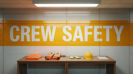 Crew safety briefing concept. Crew safety sign with gear displayed on a table in a workplace setting.