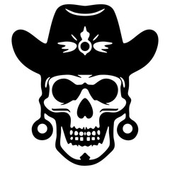 Vector graphic of a skull silhouette topped with a classic cowboy hat.