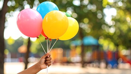 A hand holds a bunch of colorful balloons outdoors in a park.