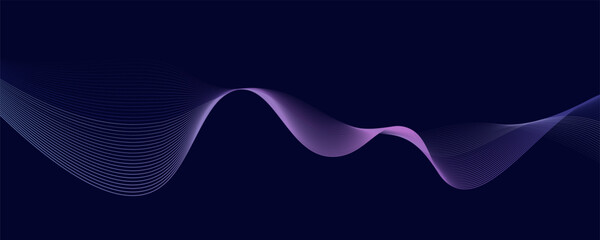 Dark abstract background with glowing wave. Shiny moving lines design element. Modern purple blue gradient flowing wave lines. Futuristic technology concept. Vector illustration