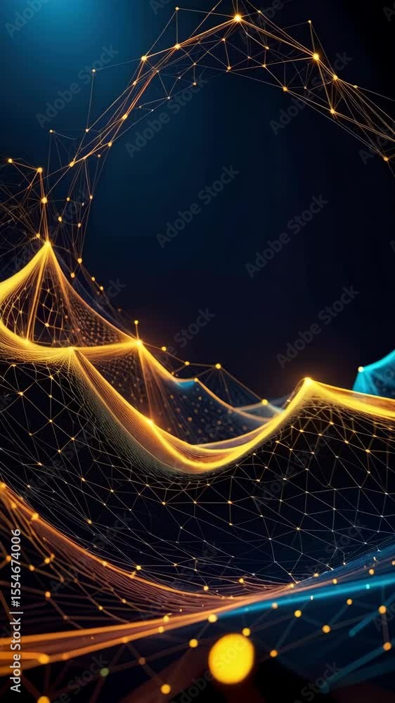 Poster golden lines form a dynamic grid with glowing points in a dark blue abstract cyberspace environment.