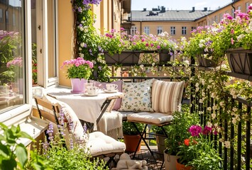 A cozy picturesque balcony adorned of colorful flowering plants. A small round table with teacups, surrounded by comfortable chairs and a bench with decorative pillows.