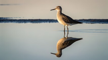 Obraz premium Bird standing at water’s edge with its full reflection below, soft lighting and balanced symmetry