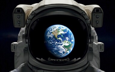 An astronaut helmet with the reflection of Earth clearly visible in the helmet visor. The background is dark outer space.