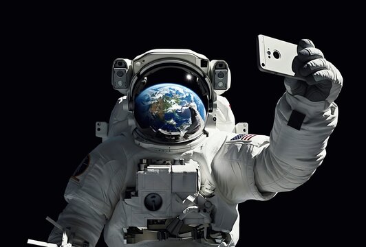 An astronaut in a white spacesuit takes a selfie with a smartphone, with the reflection of Earth clearly visible in the helmet visor. The background is dark outer space.