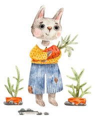 Cute watercolor animal character. Cat with carrot in overalls and sweater. Hand-painted children’s clipart. Drawing with paints on paper.