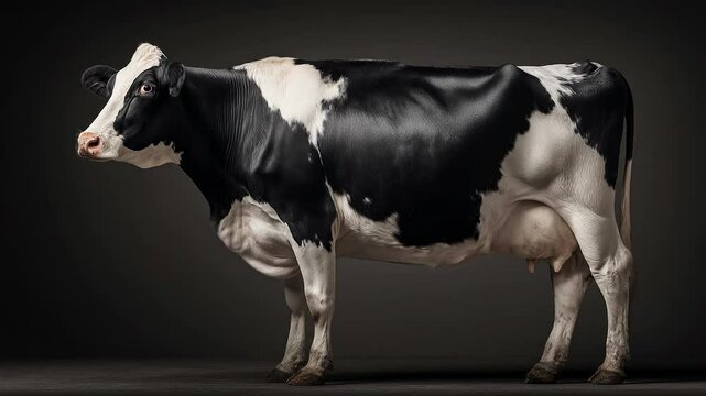 Majestic black and white cow stands proudly in a dramatic spotlight, showcasing its beauty and grace in a captivating setting