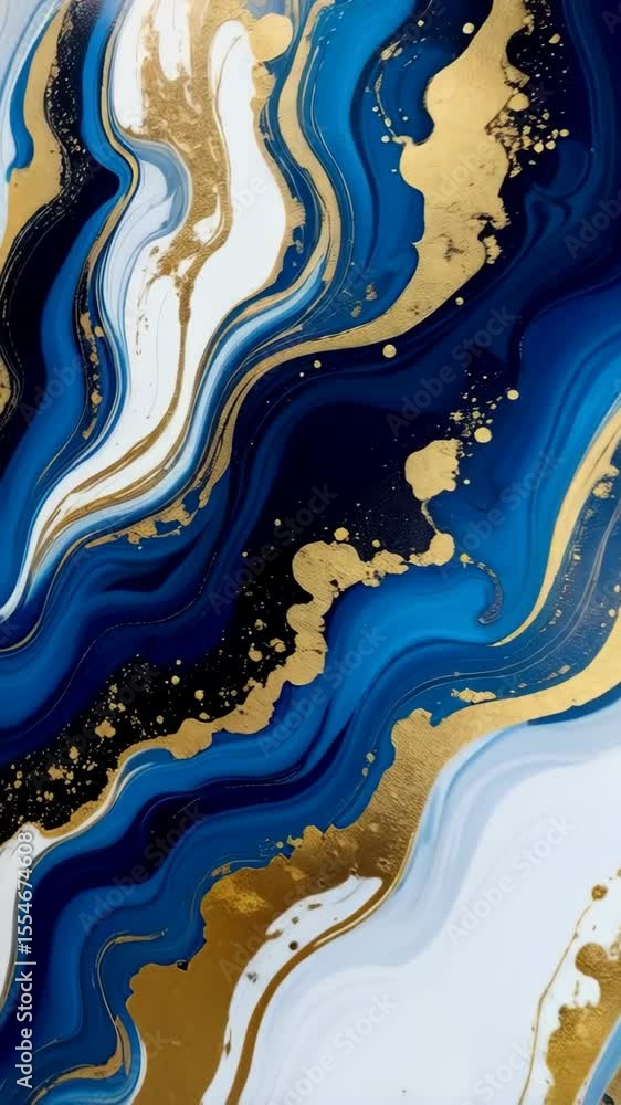 Poster striking abstract artwork featuring fluid white, royal blue and gold paint swirls and accents creati