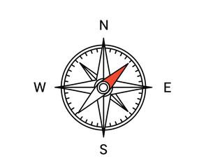 Rose compass drawing. It is a black and white outline image of a compass rose with a red needle, used for navigation and direction. Vector sketch line art draw.