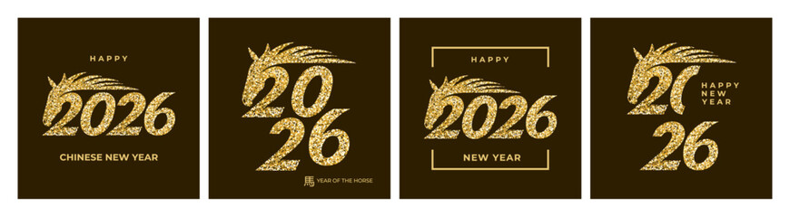 Happy Chinese New Year 2026! Festive postcard set with glittering zodiac horse designs. Celebrate the Year of the Horse with elegant Asian-inspired Lunar New Year greeting cards.
