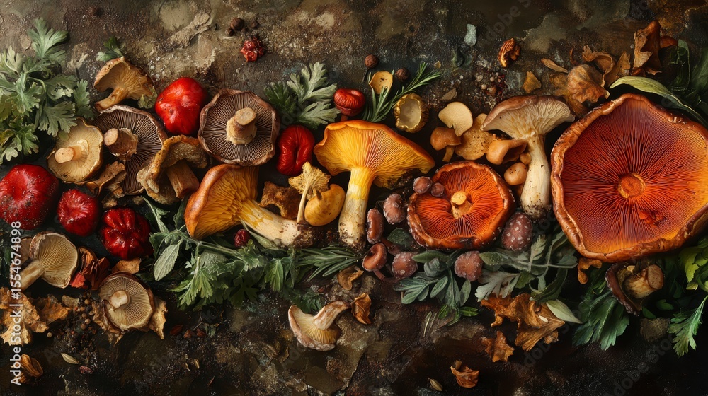 Poster overhead view of various colorful mushrooms and herbs arranged on a rustic surface.