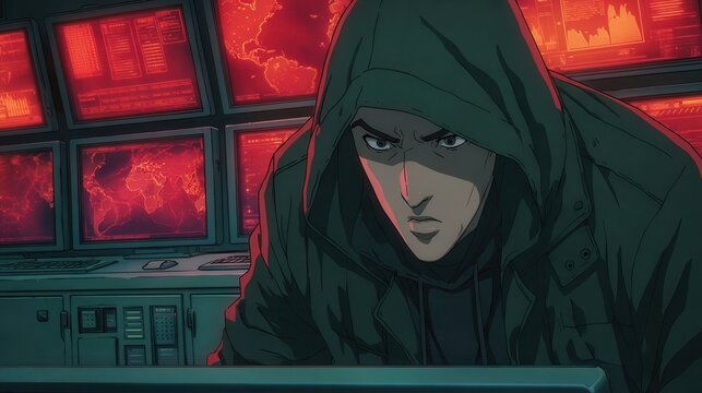 Neon futuristic cityscape high-stakes cyber espionage in manga style