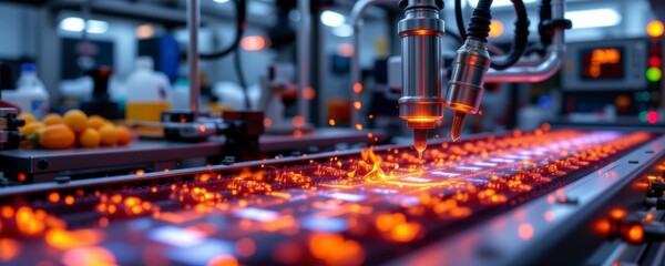 Close up of Automated Industrial Production Line with Orange Sparks