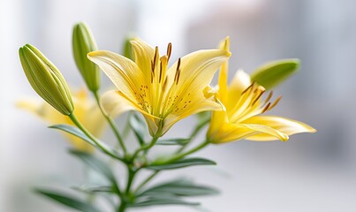 In a peaceful setting, soft sunlight highlights two vibrant yellow lilies set against a blurred green foliage background