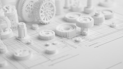White Gears on Blueprint, 3D-printed Components and Technical Drawings, Precise Engineering