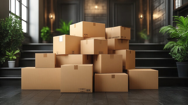 moving day scene with boxes and white walls, new home transition concept