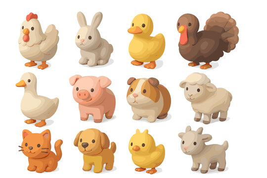Cute cartoon farm animals collection featuring various adorable creatures