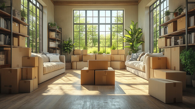 moving day scene with boxes and white walls, new home transition concept
