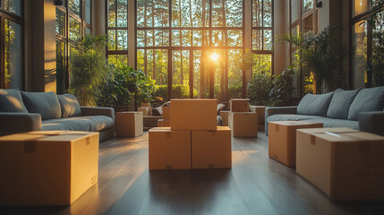 moving day scene with boxes and white walls, new home transition concept