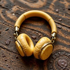 Yellow Wireless Headphones on Rustic Wooden Background