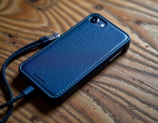 Dark Blue Leather Phone Case with Yellow Stitching on Wooden Background