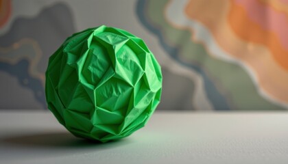 Green Geometric Origami Sphere on Pastel Background
