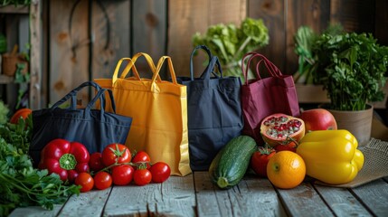 Ecofriendly shopping bags with produce on rustic table photographed professionally