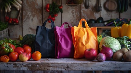 Ecofriendly shopping bags with produce on rustic table photographed professionally