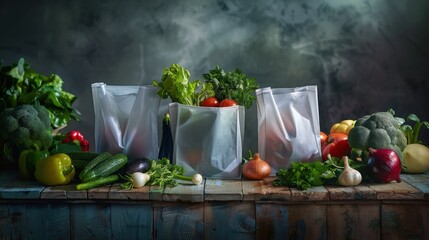 Ecofriendly shopping bags with produce on rustic table photographed professionally