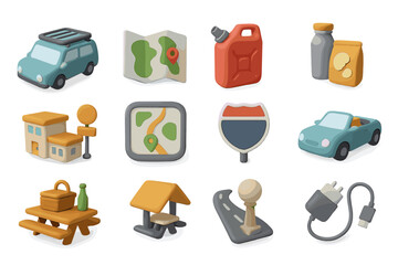 Travel and navigation icon set featuring cars and maps in soft colors