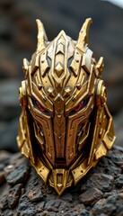 Golden Ornate Helmet with Glowing Eyes on Dark Rocks