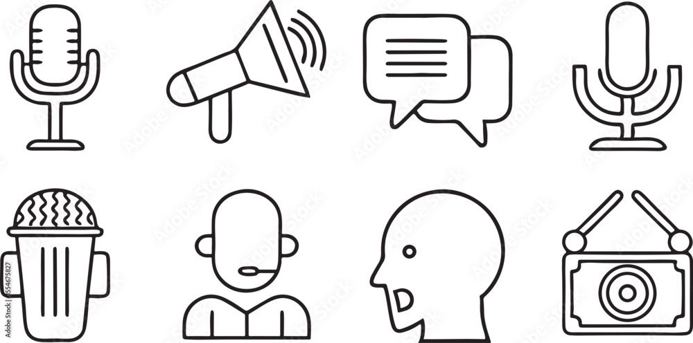 Poster speaking icon collection in editable black line style with sound chat and communication icons