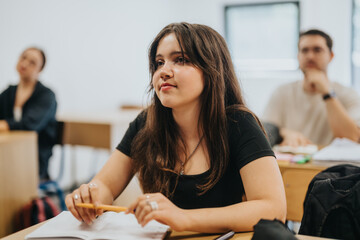 High school students engage attentively in a classroom setting, focusing on the lesson. The...
