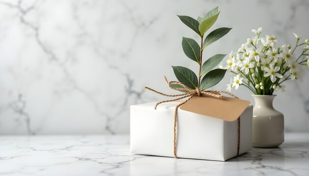 A white gift box with a brown tag tied with twine next to a vase of white flowers on a marble surface