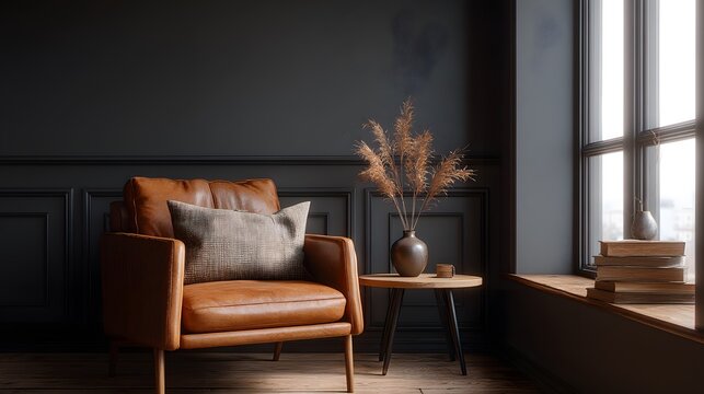 4k Virtual meeting zoom background, Luxury leather sofa seat for reading, home indoor