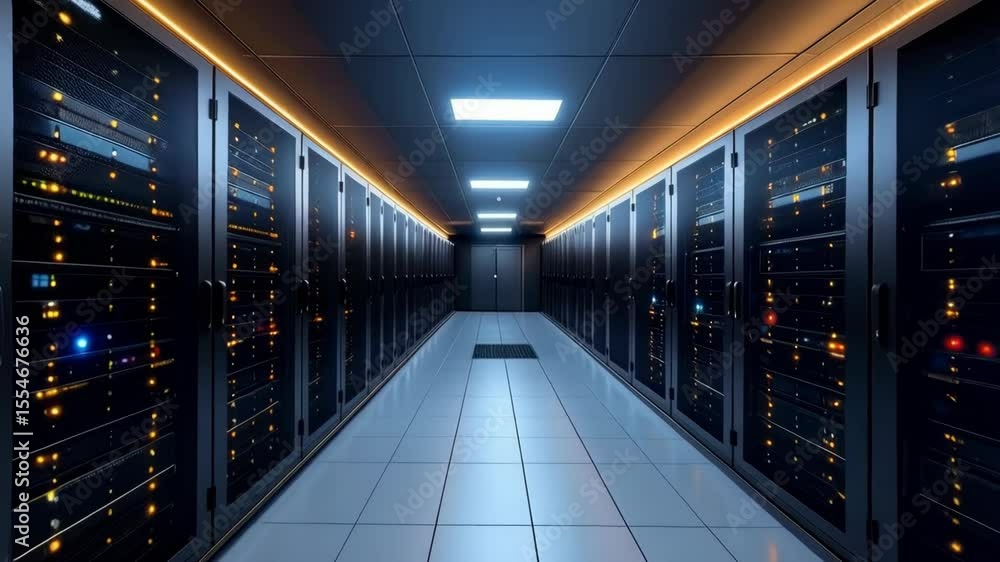 Poster illuminated hallway lined with dark server racks in a data center, featuring glowing lights and meta