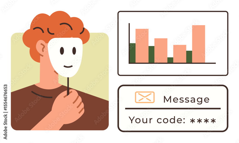 Poster person holding mask symbolizing anonymity, graph showing analytics, secure code message indicating a