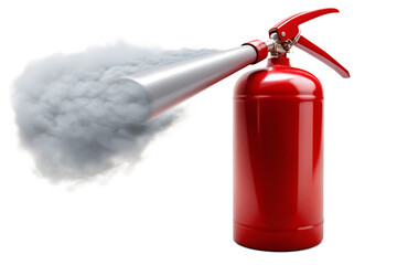 Obraz premium Red fire extinguisher spraying white smoke isolated on a transparent background fire safety