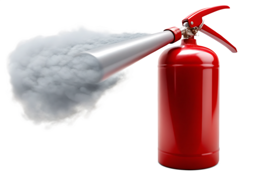 Red fire extinguisher spraying white smoke isolated on a transparent background fire safety
