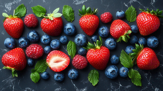 juicy strawberries and ripe blueberries arranged in repeating pattern on elegant marble texture