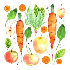 Watercolor vegetable and fruit set with carrots, apples and leafy greens on transparent background