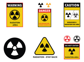 Radiation Warning Sign Set &ndash; Nuclear Hazard Symbols  in Triangle, Rectangle, Circle and Square Layouts for Radioactive Material and Zone Safety Labels