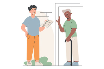 Flat Isolated cartoon vector illustration of a social worker or volunteer visiting an elderly man at home with a checklist. Concept of elderly care, support, and community help.