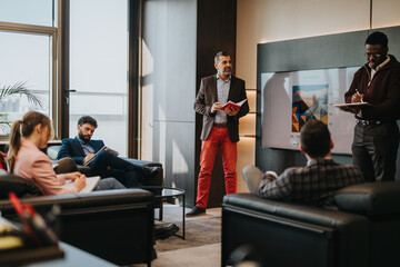 A group of people engaged in a business meeting, brainstorming and discussing project details in a...