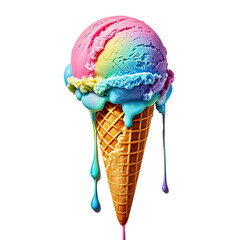 Melting Rainbow Ice Cream In Waffle Cone, Generative AI