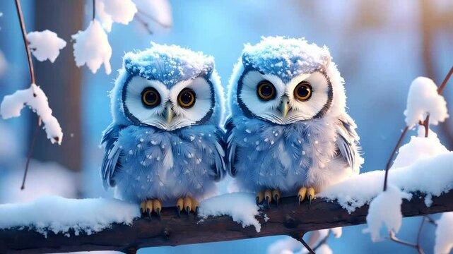 Two fluffy, blue baby owls perched on a snowy branch with yellow eyes